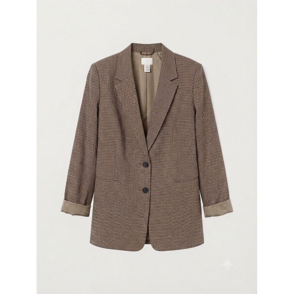 HM Brown Houndstooth Plaid Blazer Oversized Long Sleeve Jacket Small